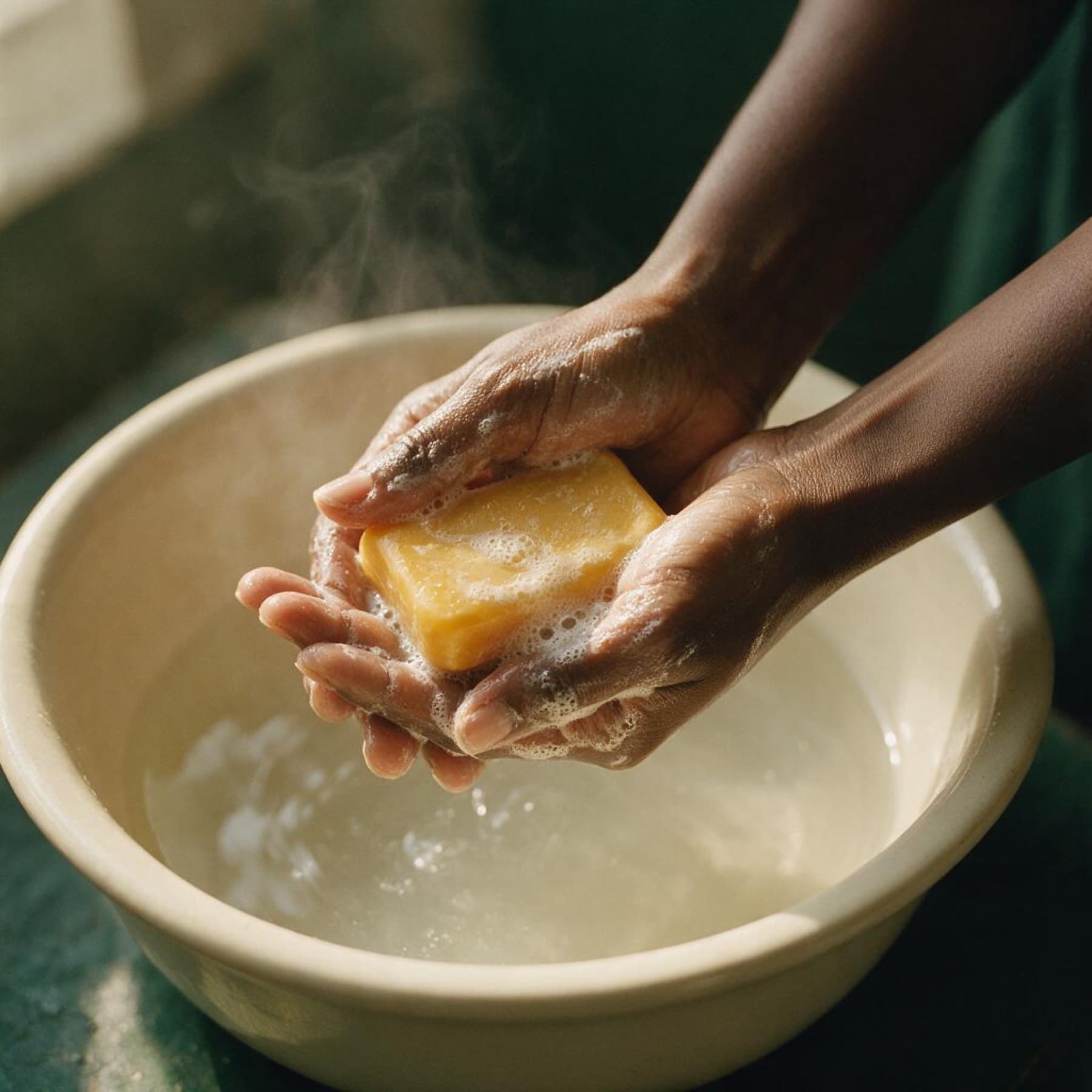 Hands working the bar into a lather over a basin